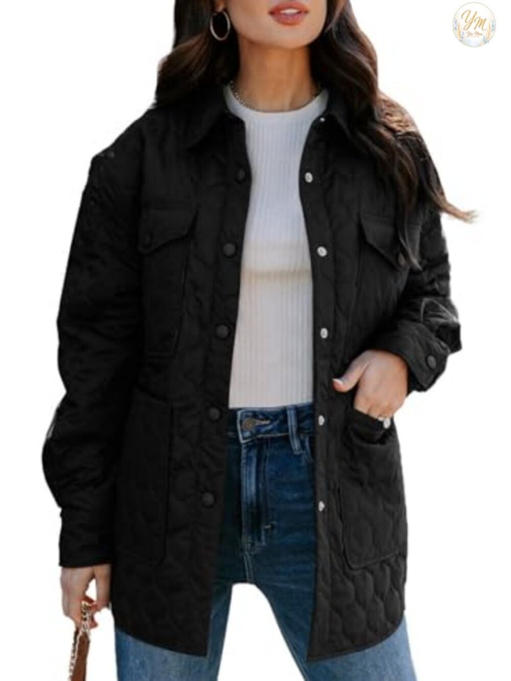 Womens Lightweight Diamond Quilted Puffer Jacket Button Down Collar Coat
